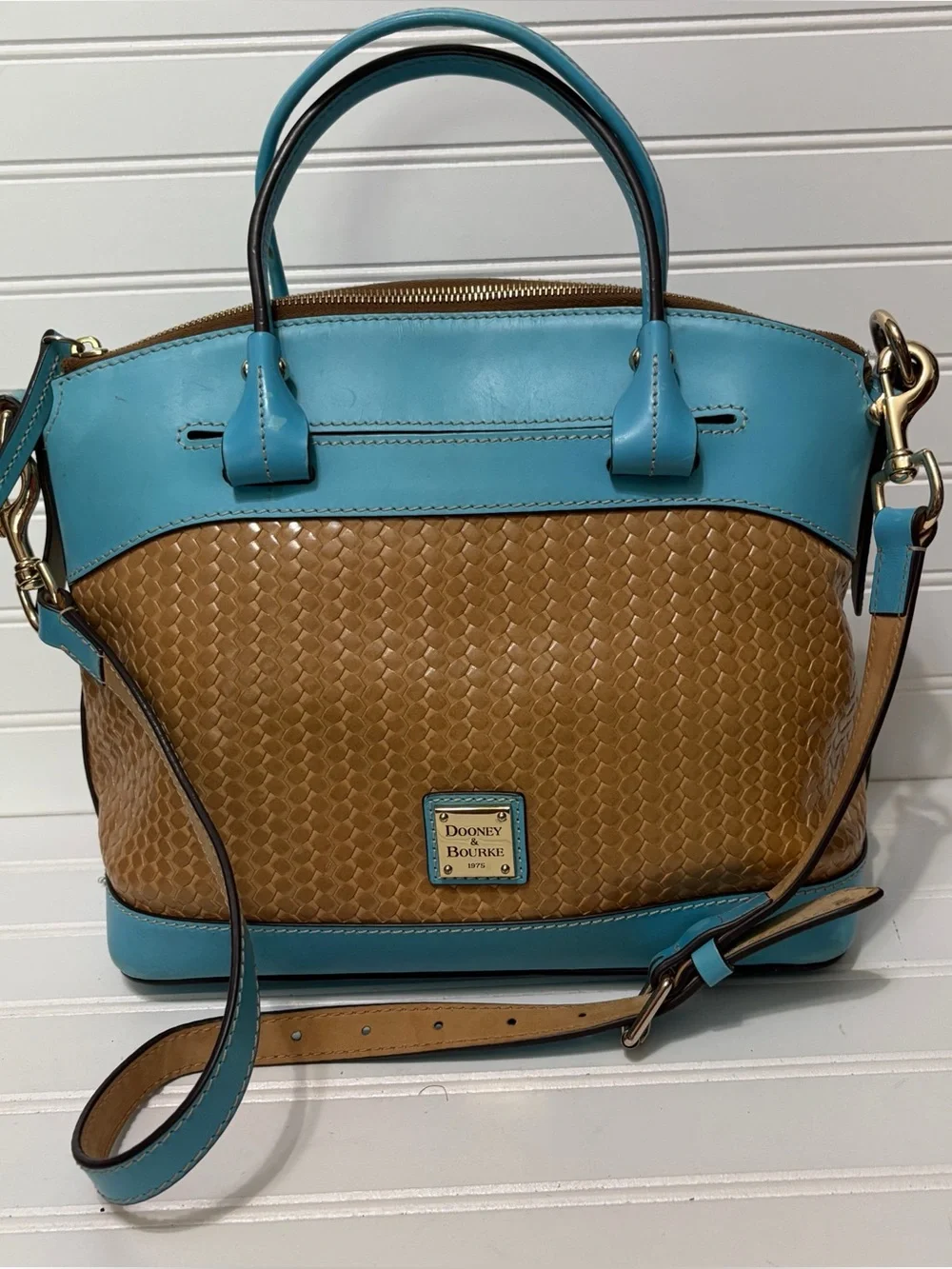 Dooney & Bourke Blue Leather Brown Woven Domed Satchel Shoulder Bag Purse Tote